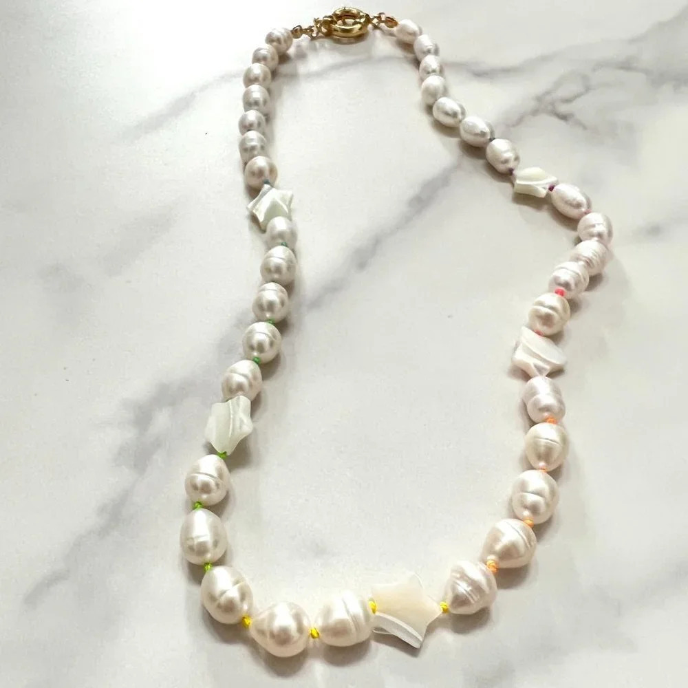 Baroque Freshwater Pearl Hand-knotted Necklace, Rainbow Silk, Gold Fille… - Picture 9 of 10